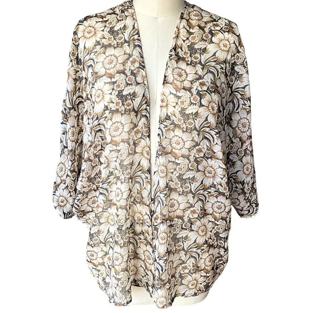 AMERICAN EAGLE Brown Floral Boho Shawl Cape Bohemian Kimono Wrap ~ LARGE / XL